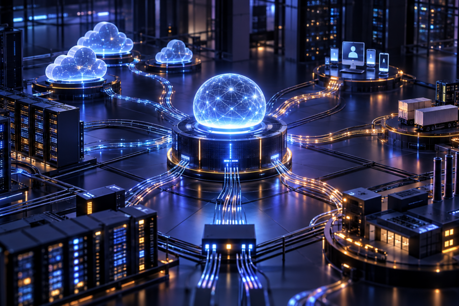 Infrastrutture digitali interconnesse rappresentano dipendenze cloud, identità, server e supply chain.