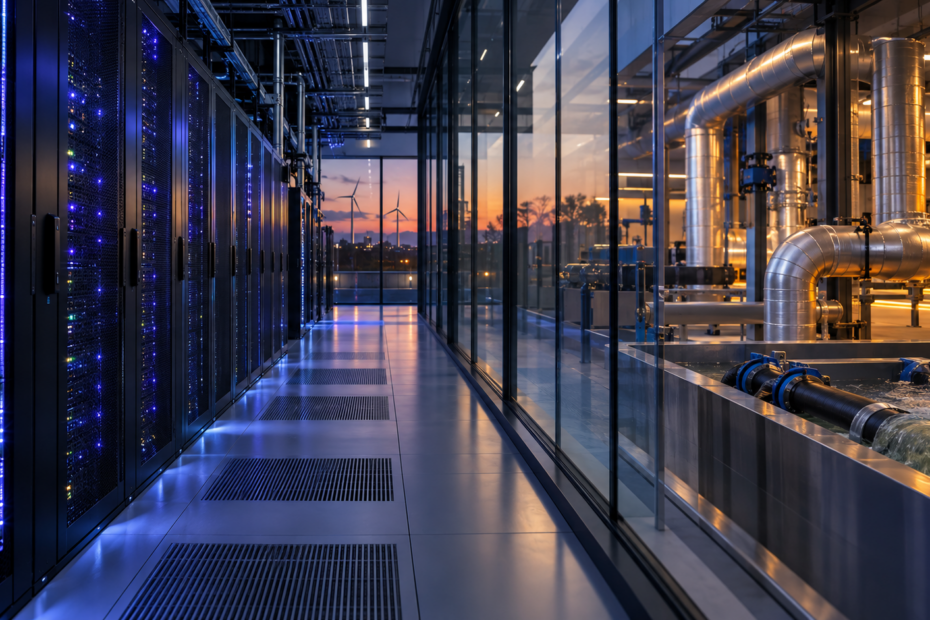 Data center sostenibile con server, circuito di raffreddamento ad acqua e recupero del calore.