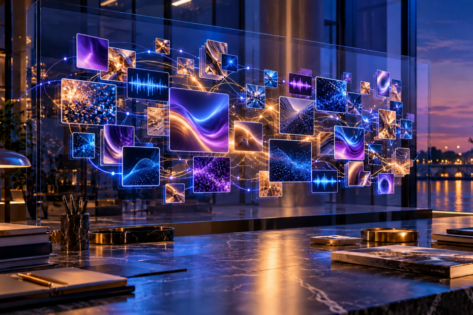 Archivio digitale astratto con contenuti multimediali e tracce luminose di provenienza per la governance dell’intelligenza artificiale.